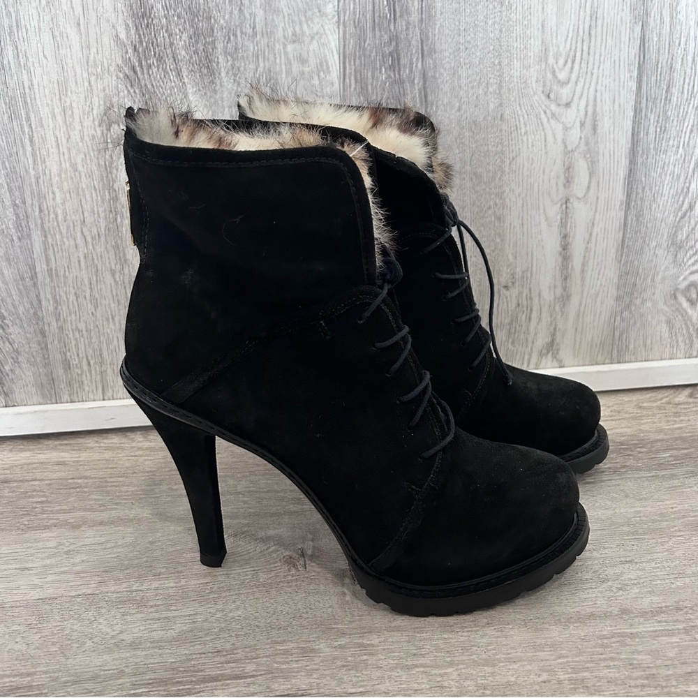 Elizabeth & James Fur Lined Lace Up Heel Boots Women’s 9.5 Black Shoes Mob Wife